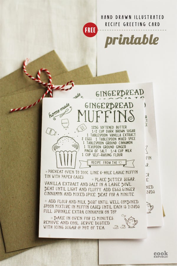 Free Hand Drawn Recipe Greeting Card Printable - Gingerbread Muffins