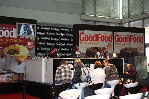 Getting ready for cooking demonstrations at BBC Australian Good Food's Stage.