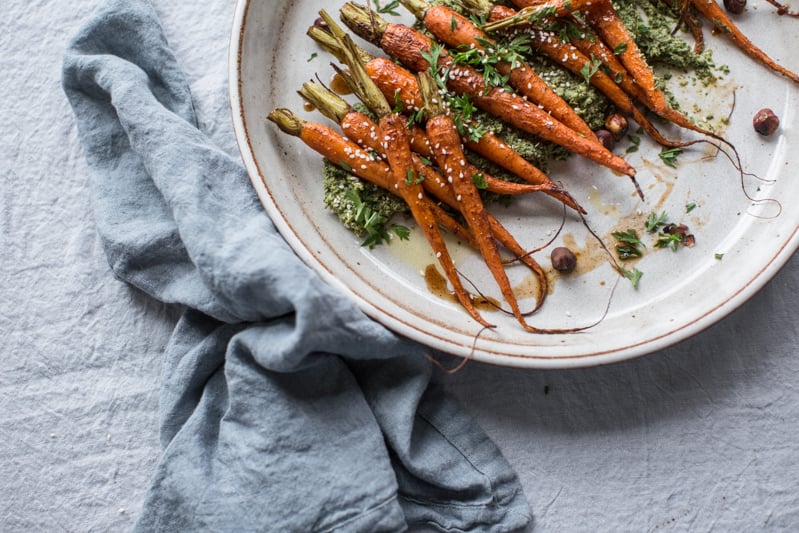 Maple Roasted Dutch Carrots With Garlicky Carrot Top Hummus - Cook Republic