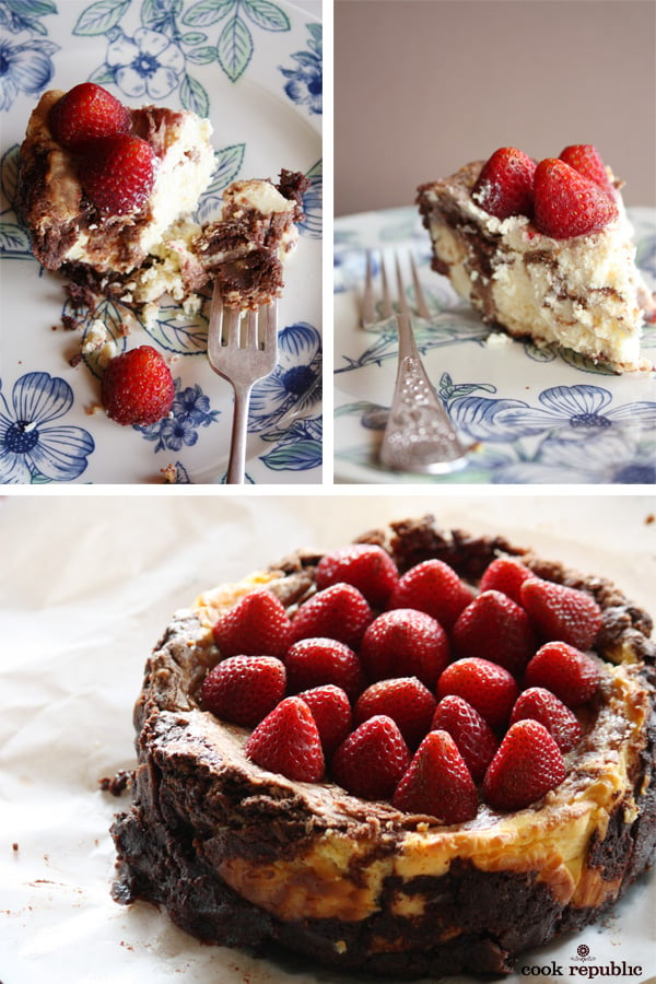 Gorgeous Strawberry topped Valentine's Day Chocolate Brownie Cheesecake