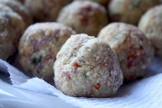 Potato Proscuitto And Matzo balls rolled up and ready to be fried.