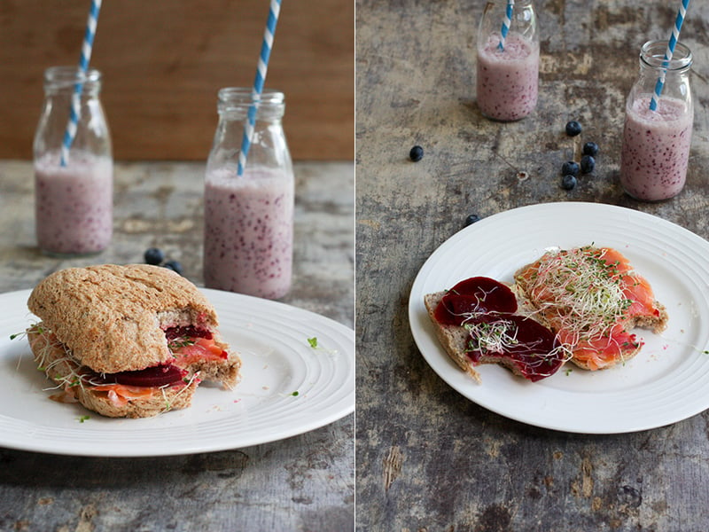 Blueberry Coconut Lassi And Salmon Beetroot Sandwich