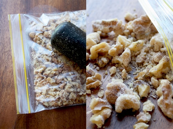Preparing the crumble by bashing in a ziplock bag