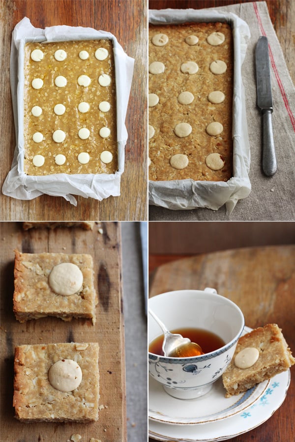 Macadamia Tray Cookie Bake - Flapjacks With Chocolate Buttons.