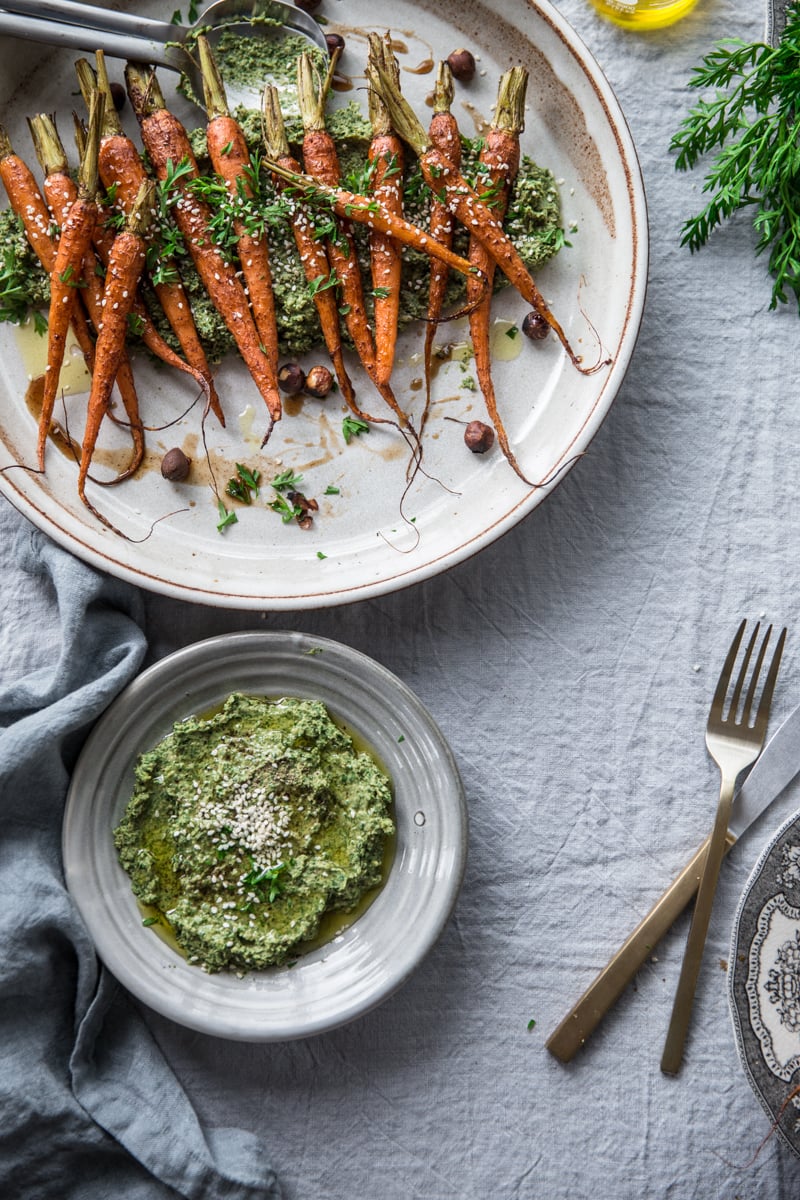 Maple Roasted Dutch Carrots With Garlicky Carrot Top Hummus - Cook Republic