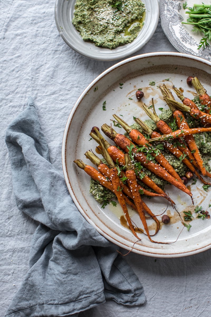 Maple Roasted Dutch Carrots With Garlicky Carrot Top Hummus - Cook Republic