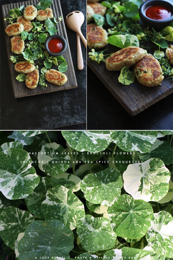 Quinoa Pea Spice Croquettes With Nasturtium Leaves