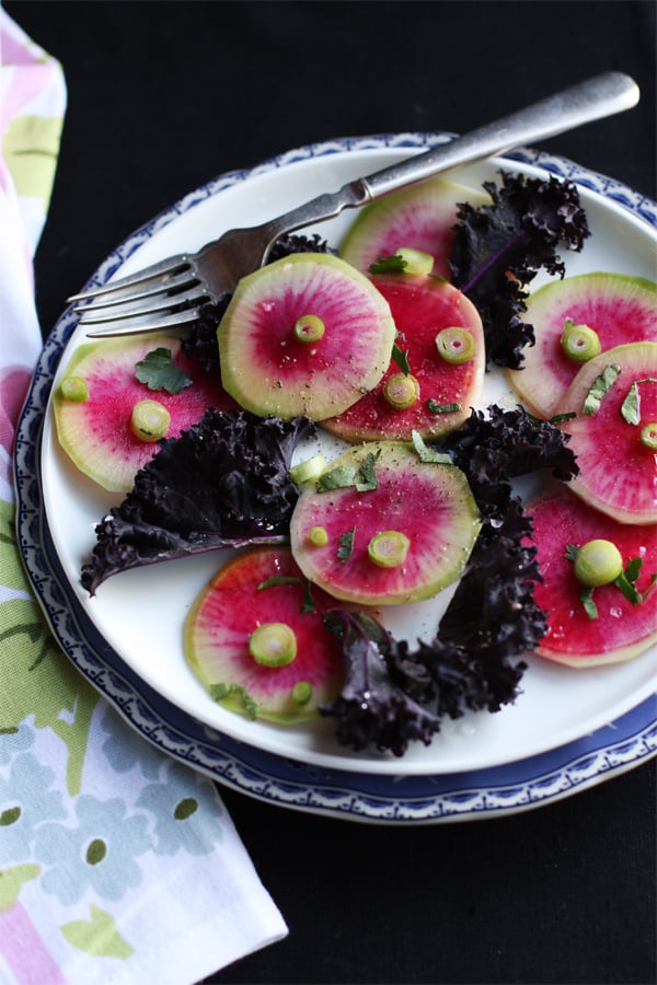 Rainbow Radish And Purple Kale Salad