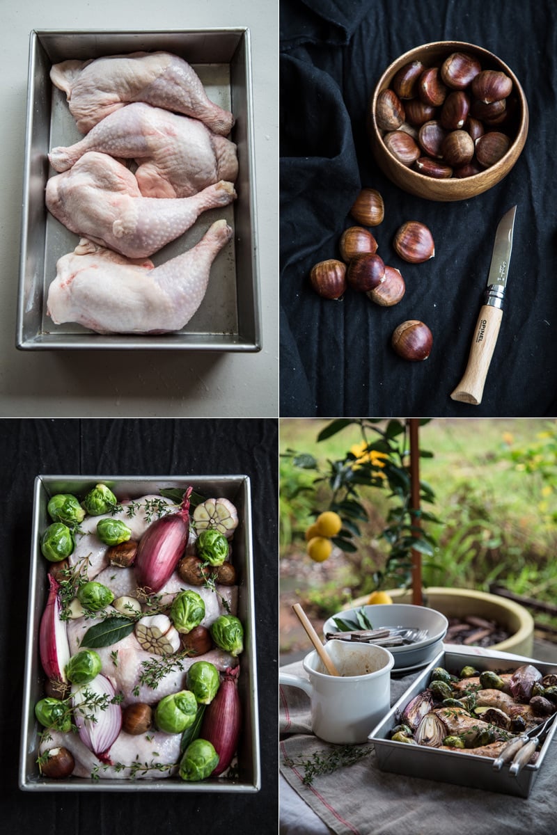 Roast Garlic Chicken With Chestnuts And Brussels Sprouts - Cook Republic