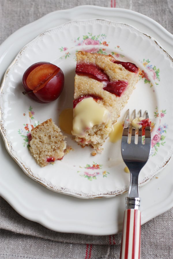 Juicy plum and cake slice.