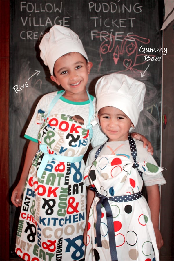 Rivs & Gummy Bear wearing Tea Towel Aprons at the Cooking Party