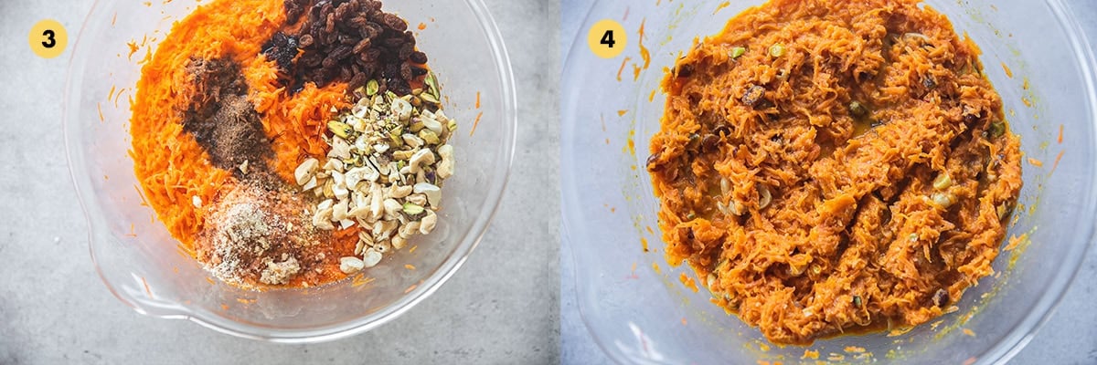 Add nuts, dried fruit, sugar and spices to the carrot mix. Mix well and microwave for another 15 minutes until mixture starts to caramelize.