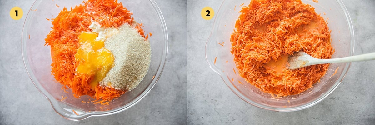 Grate carrots and mix with cream, milk, sugar and ghee in a bowl.