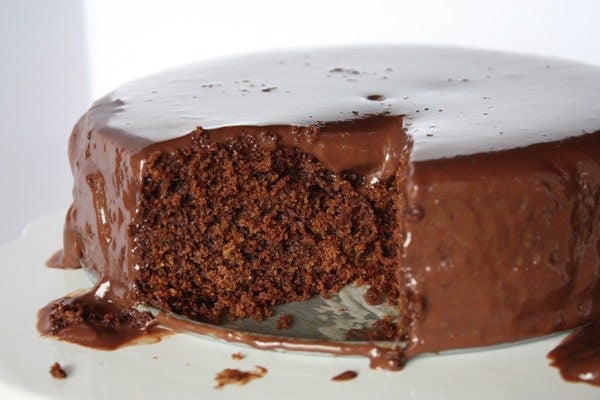 Chocolate cake has a dense fudgy texture.