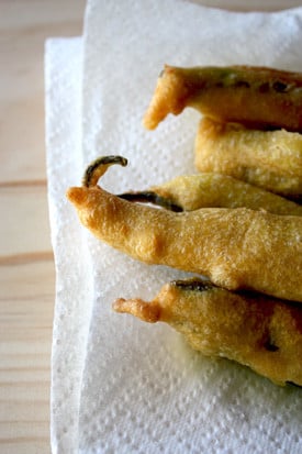 Hot Chillies dipped in Chickpea flour and deep fried.