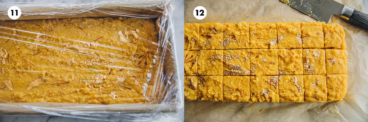 Cover with clingfilm and refrigerate for 2-3 hours. Remove from fridge and cut into 2 inch squares using a sharp knife.