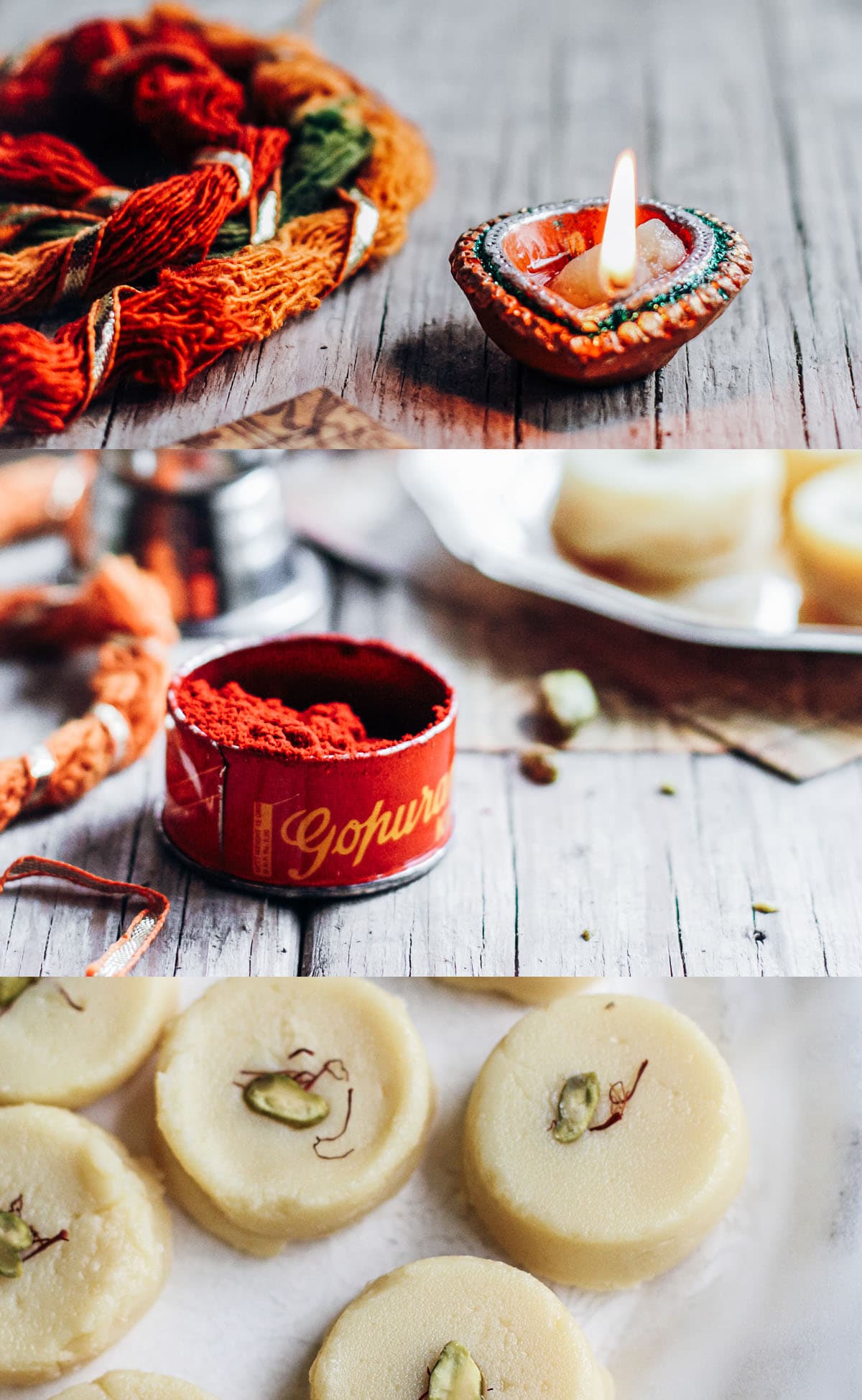 Diwali lamp (diya), holy red powder (kumkum) and malai pedas offered as a prayer.