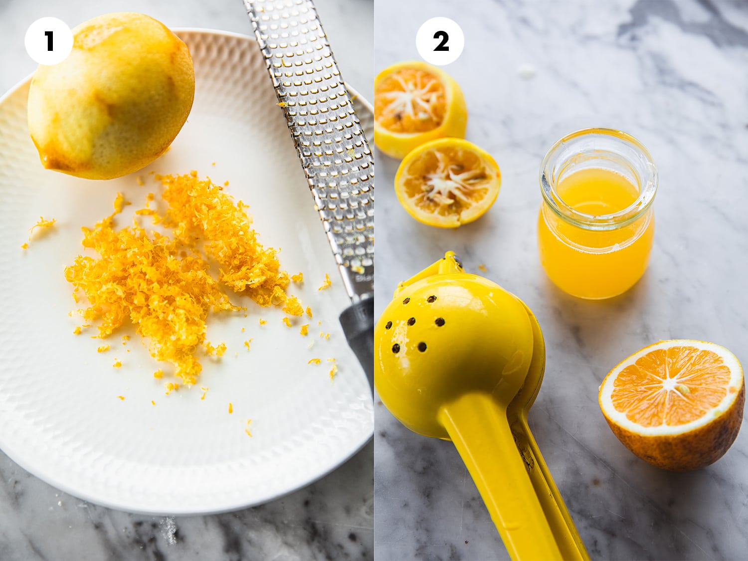 Grate lemon zest and squeeze juice of Meyer lemons for baking lemon cake.