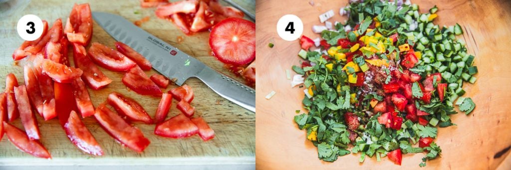 Deseed tomatoes by cutting each in quarters and removing the fleshy seeds and pulp. Dice tomatoes into tiny cubes. Add all salad ingredients to a large bowl. 