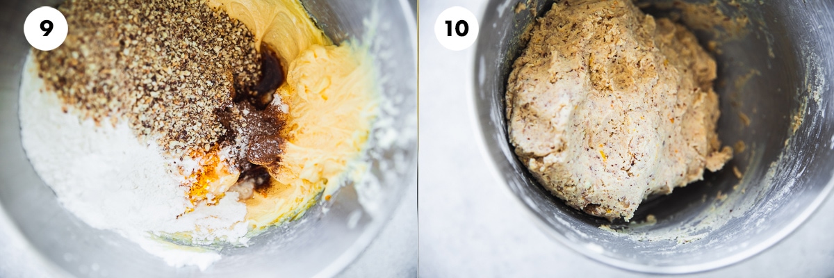 Add plain flour, processed almonds, ground cinnamon, baking powder and orange zest to the bowl. Mix well with a wooden or silicone spoon to form a firm but pliable cookie dough.