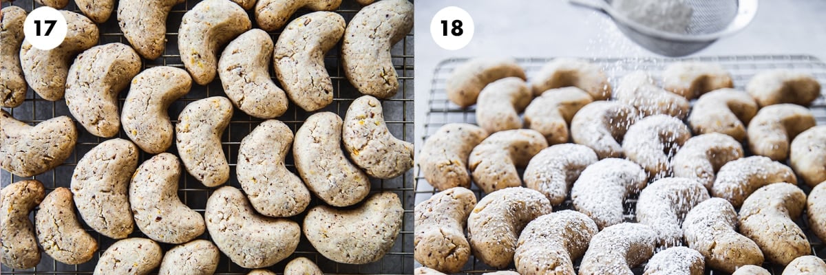 Bake Kourabiedes cookies and cool on a wire rack. Dust generously with icing sugar.