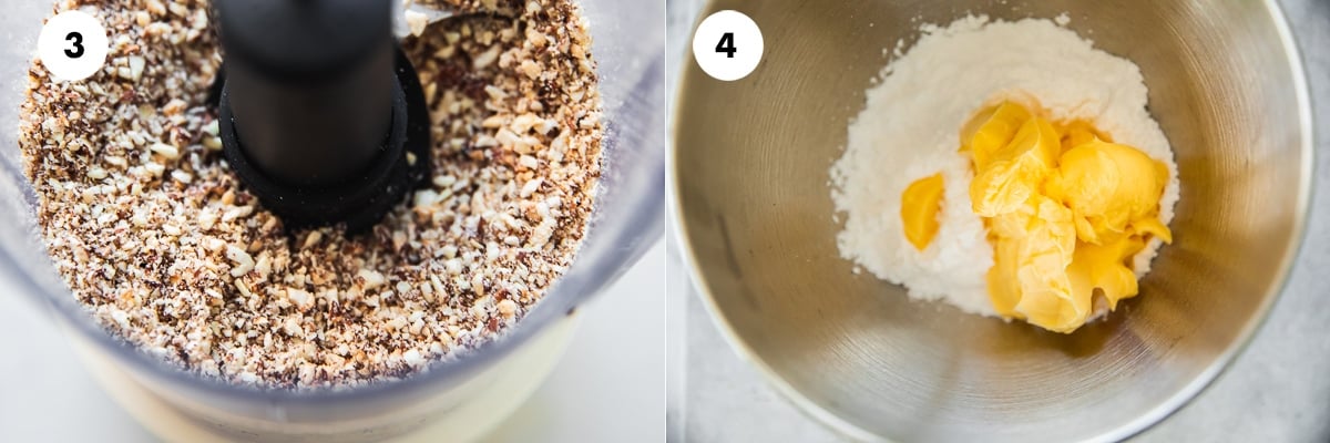 Process almonds to resemble coarse breadcrumbs. Add icing sugar and butter to the bowl of a stand mixer.