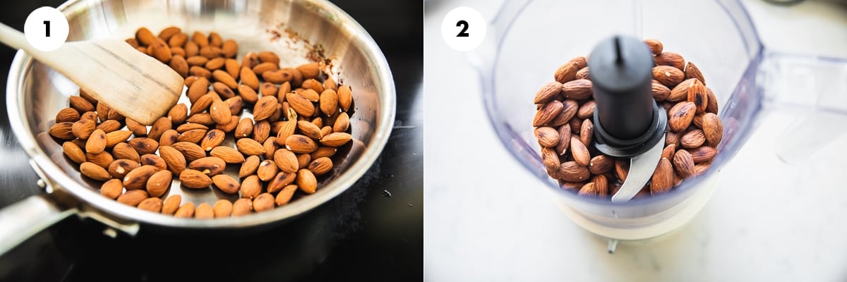 Toast almonds in a dry pan and add to a small food processor.