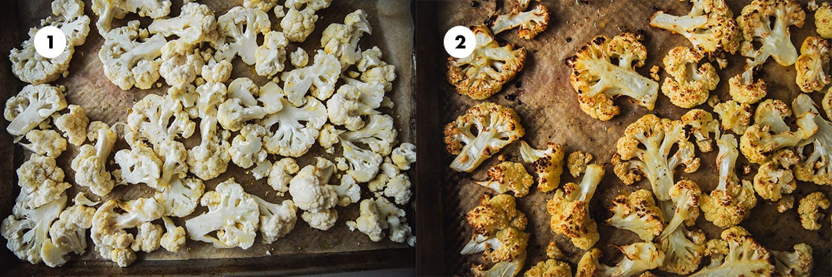 Place cauliflower florets on a large, rimmed baking tray. Drizzle with olive oil and sprinkle salt and pepper. Roast until golden and caramelized.