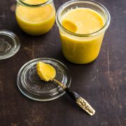 How to make ghee - golden, solidified ghee in glass jars.