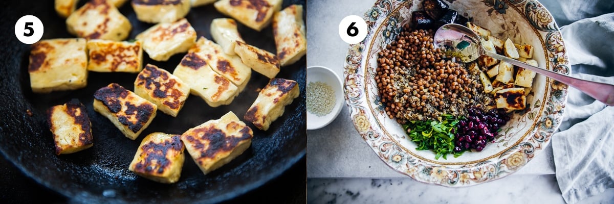 Pan fry Halloumi in a bit of oil until golden. Mix all ingredients for salad in a large bowl.