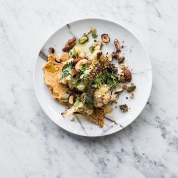 Slow Roasted Cauliflower Salad With Sweet Potato Hummus And Nut Dukkah - Cook Republic