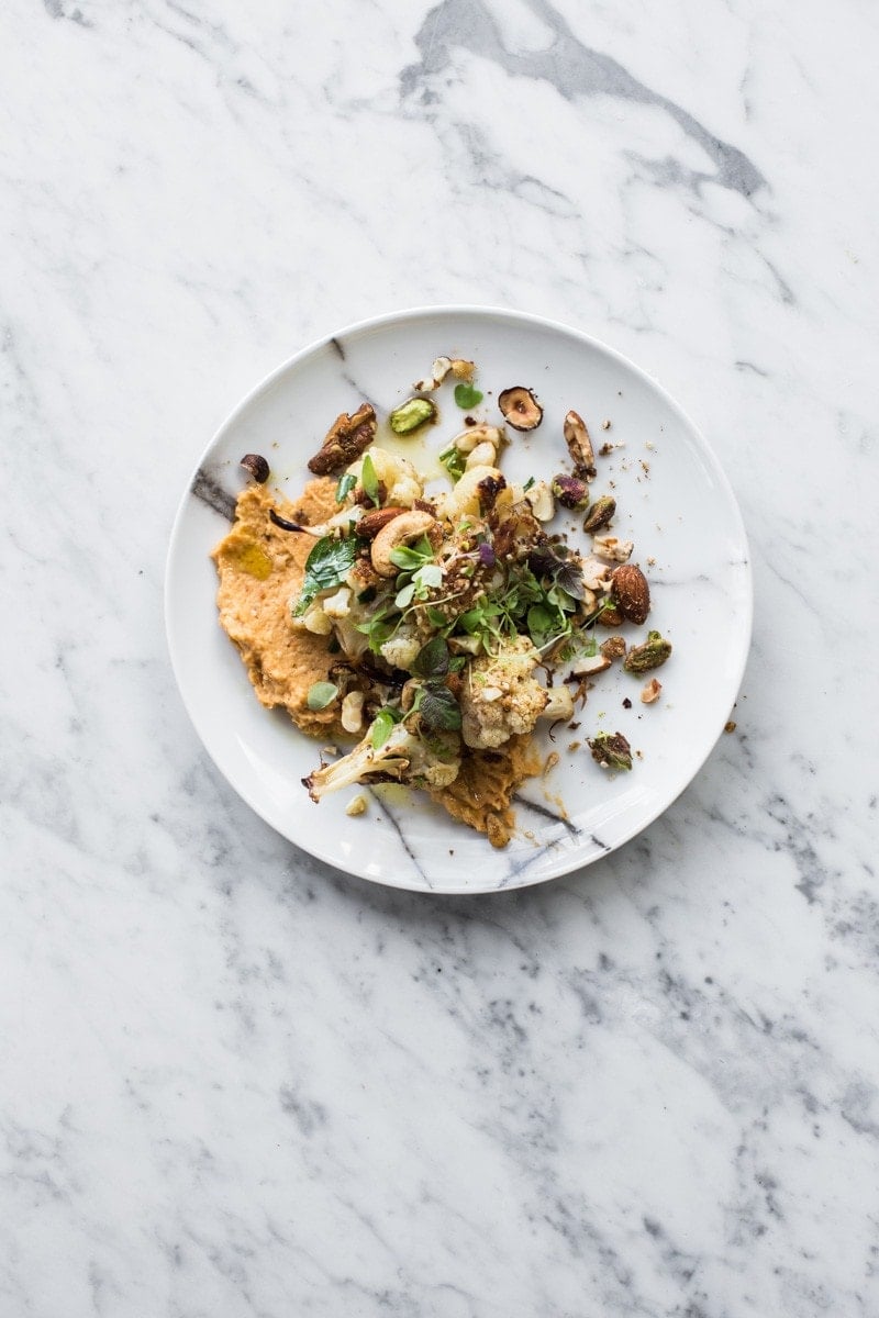 Slow Roasted Cauliflower Salad With Sweet Potato Hummus And Nut Dukkah - Cook Republic