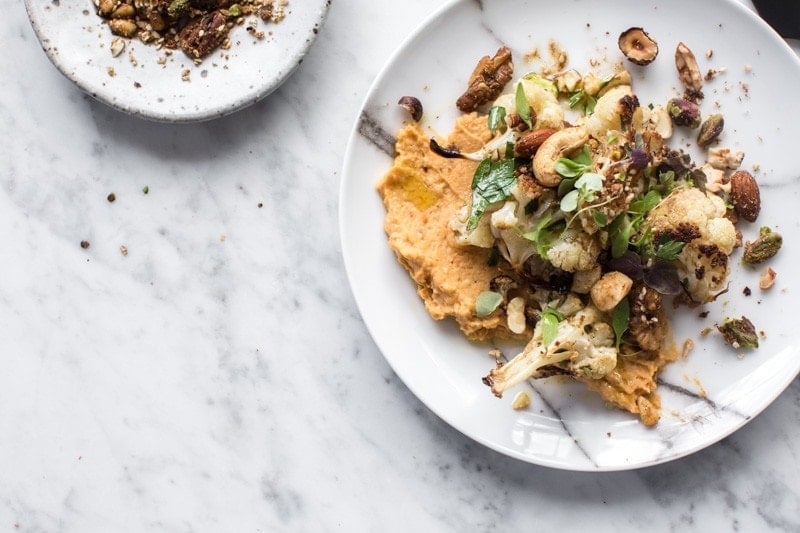 Slow Roasted Cauliflower Salad With Sweet Potato Hummus And Nut Dukkah - Cook Republic