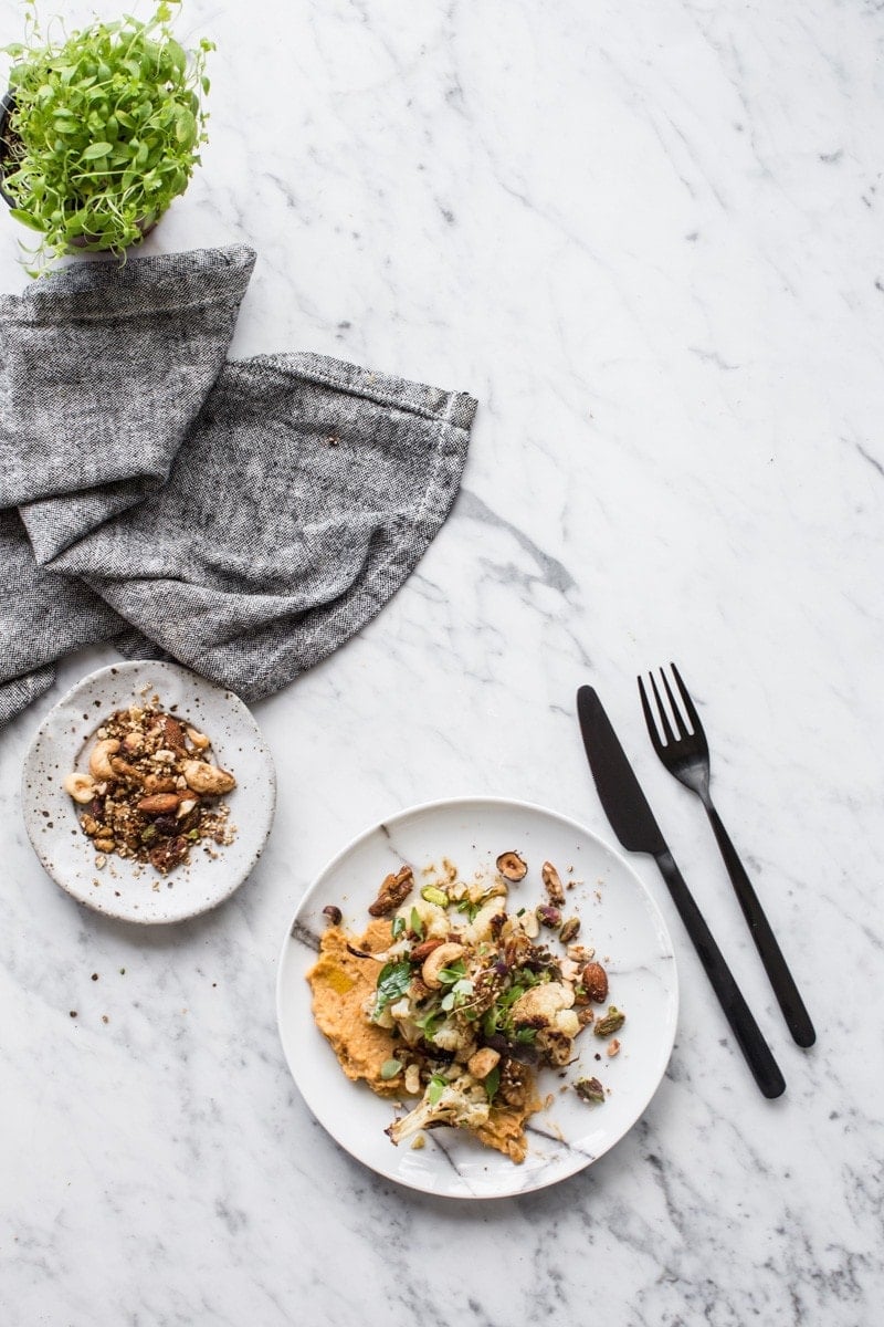 Slow Roasted Cauliflower Salad With Sweet Potato Hummus And Nut Dukkah - Cook Republic