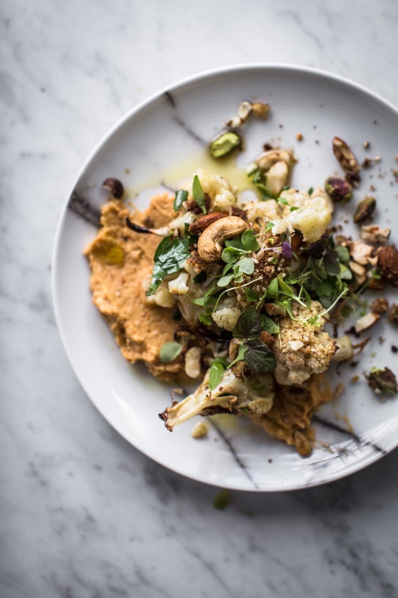 Slow Roasted Cauliflower Salad With Sweet Potato Hummus And Nut Dukkah - Cook Republic