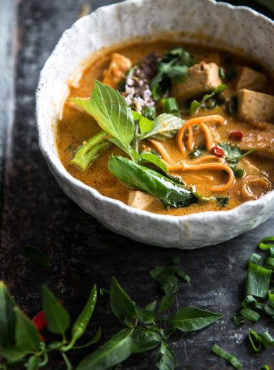 Thai Red Curry Tofu Soup With Sweet Potato Noodles