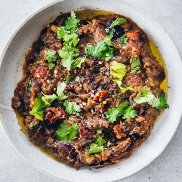 Baingan Bharta in a white bowl.