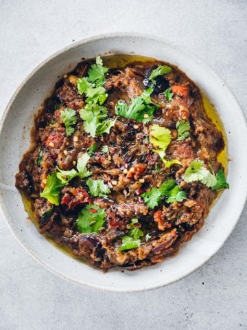 Baingan Bharta in a white bowl.