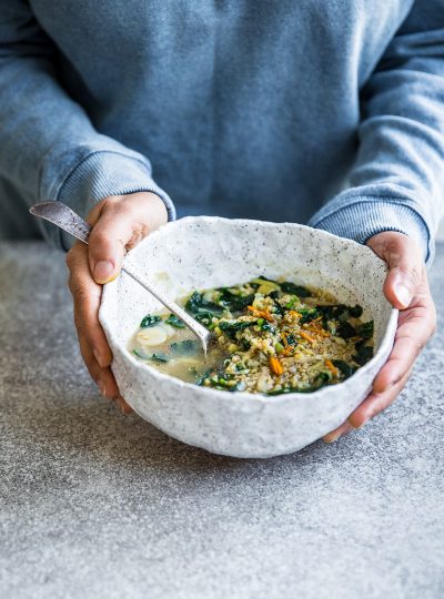 Kale And Freekeh Soup With Fresh Turmeric