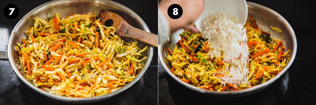 Mix the cabbage thoran well in the frying pan. Add grated coconut, mix well and remove from heat.