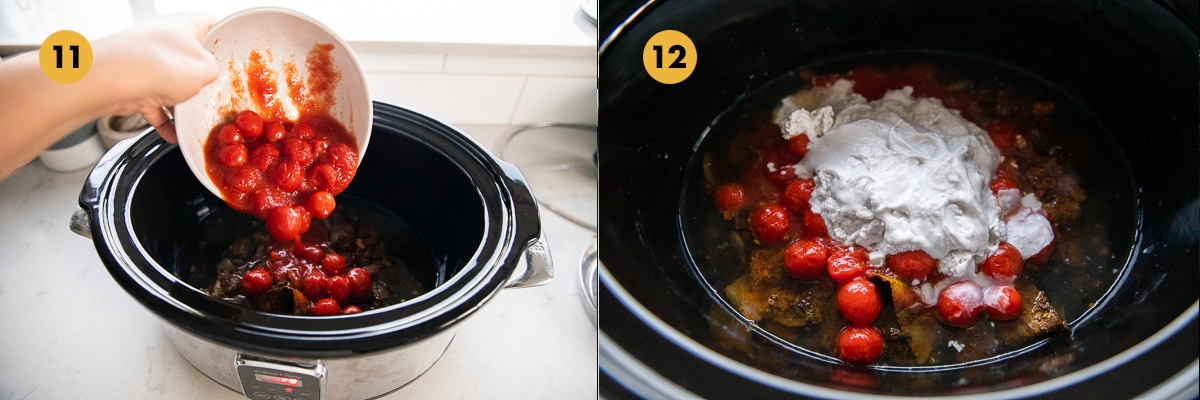 Add canned tomatoes and coconut milk to the slow cooker.