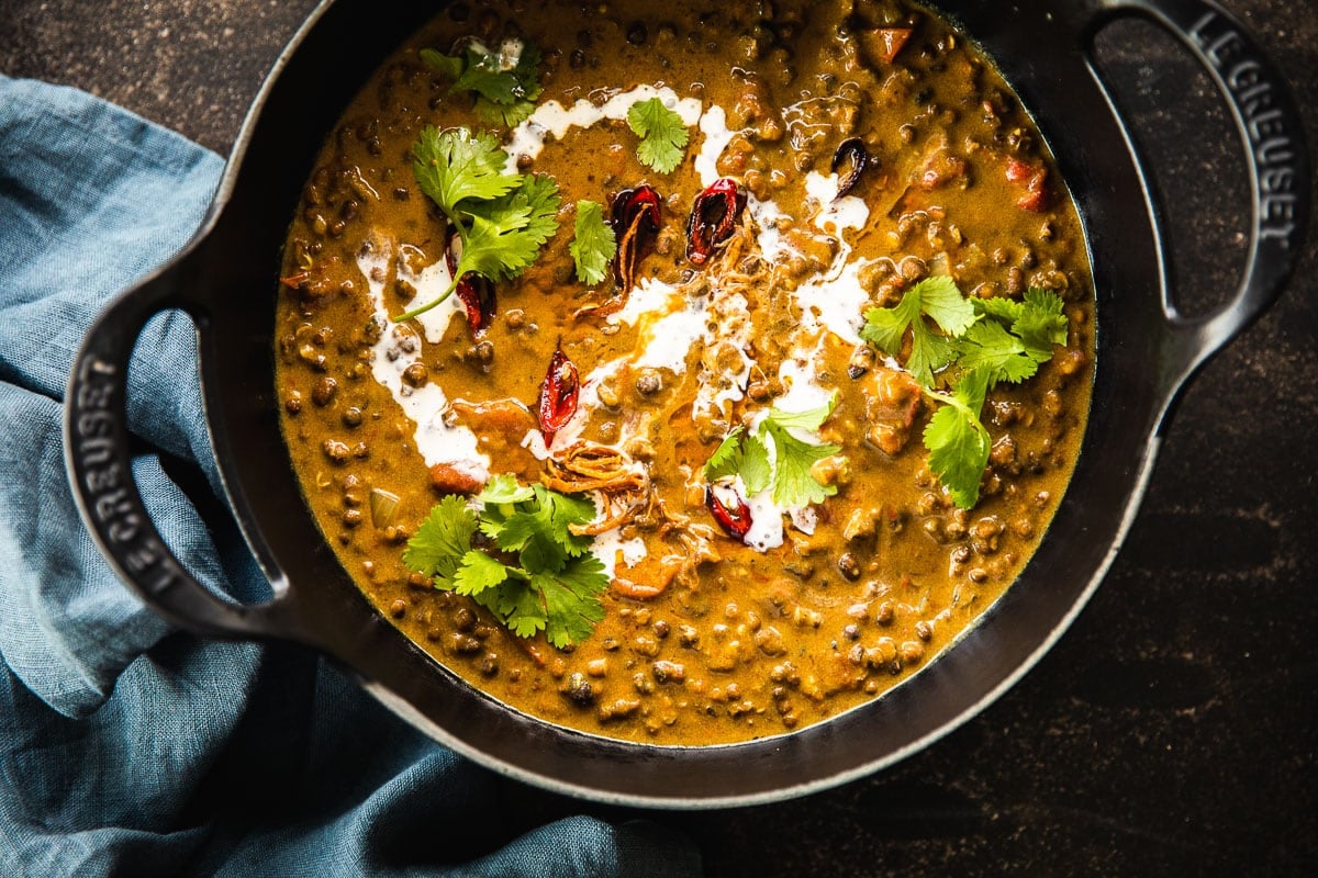 Vegan dal makhani with tarka on top.