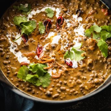 Vegan Dal Makhani in a cast iron pot or kadai.