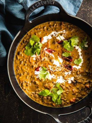 Vegan Dal Makhani in a cast iron pot.