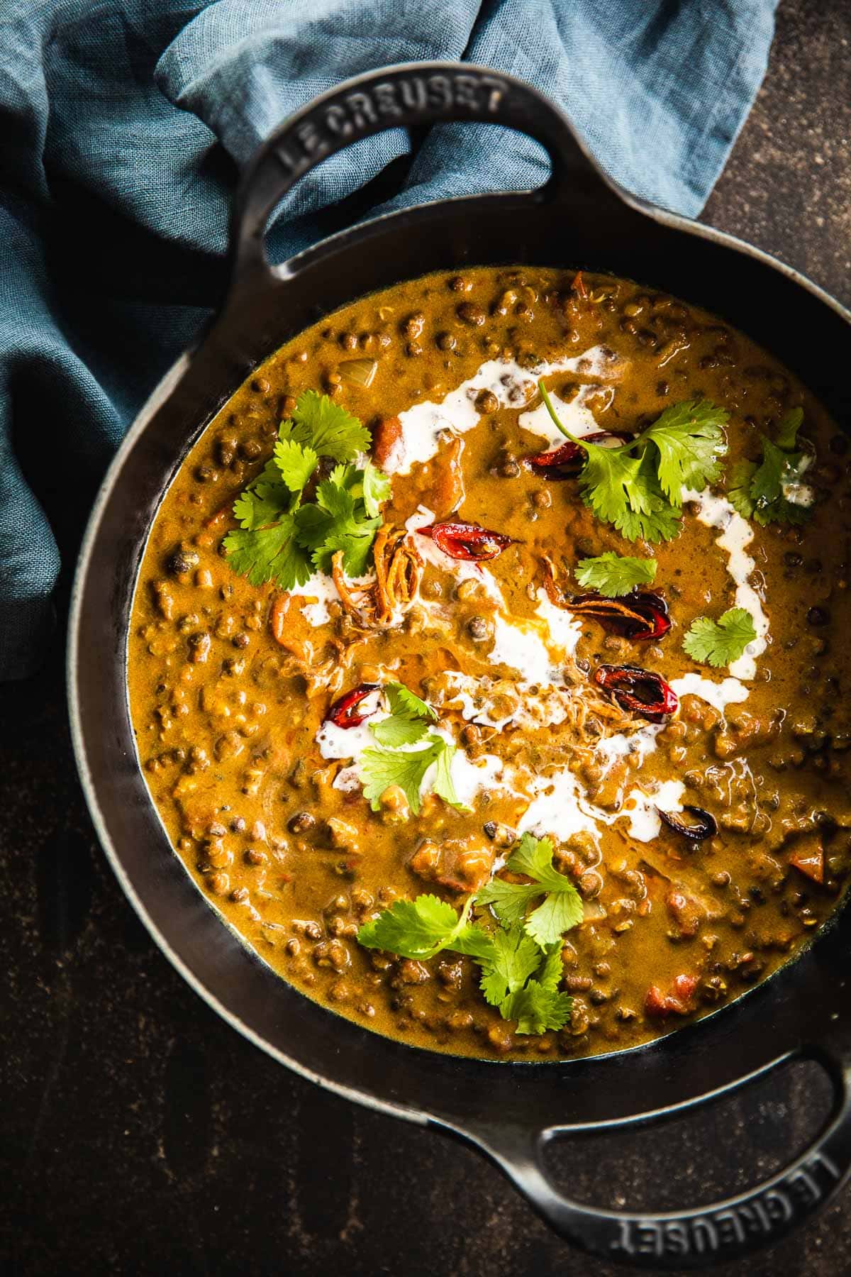 Vegan Dal Makhani in a cast iron pot.