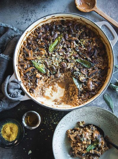 Vegan Baked Mushroom Garlic Sage Risotto