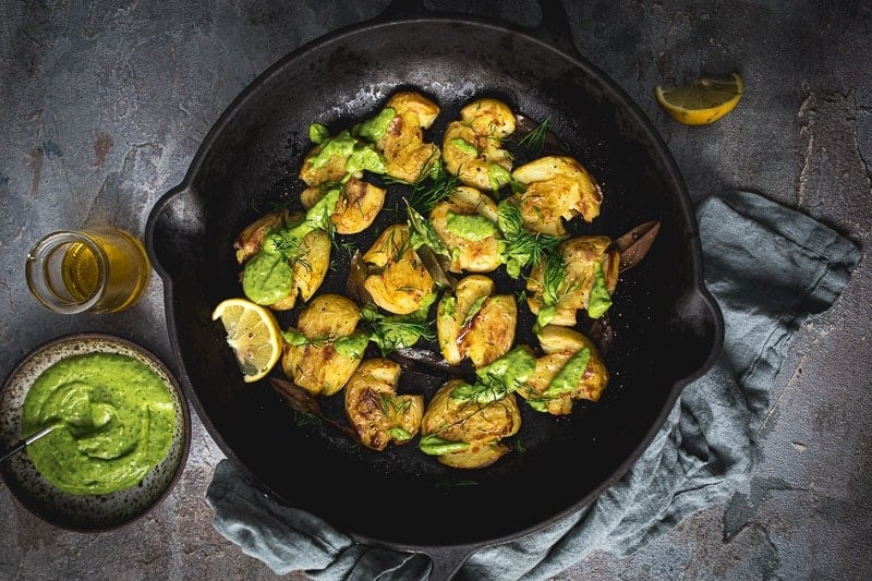 Crispy Bay Roasted Smashed Potatoes With Green Sauce - Cook Republic