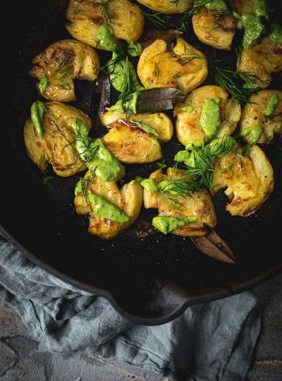 Crispy Bay Roasted Smashed Potatoes With Green Sauce