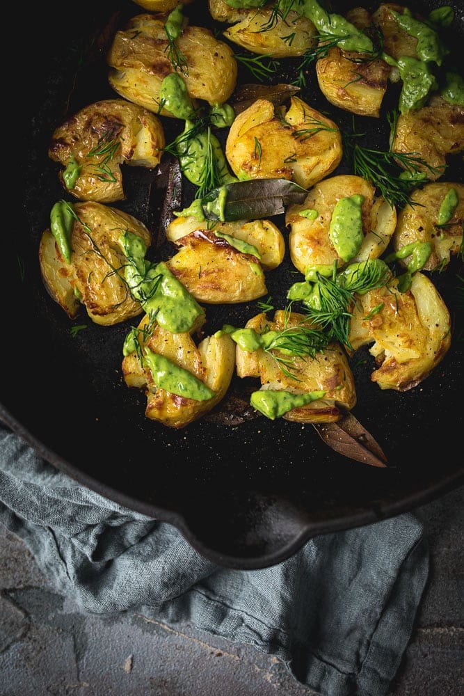 Crispy Bay Roasted Smashed Potatoes With Green Sauce - Cook Republic