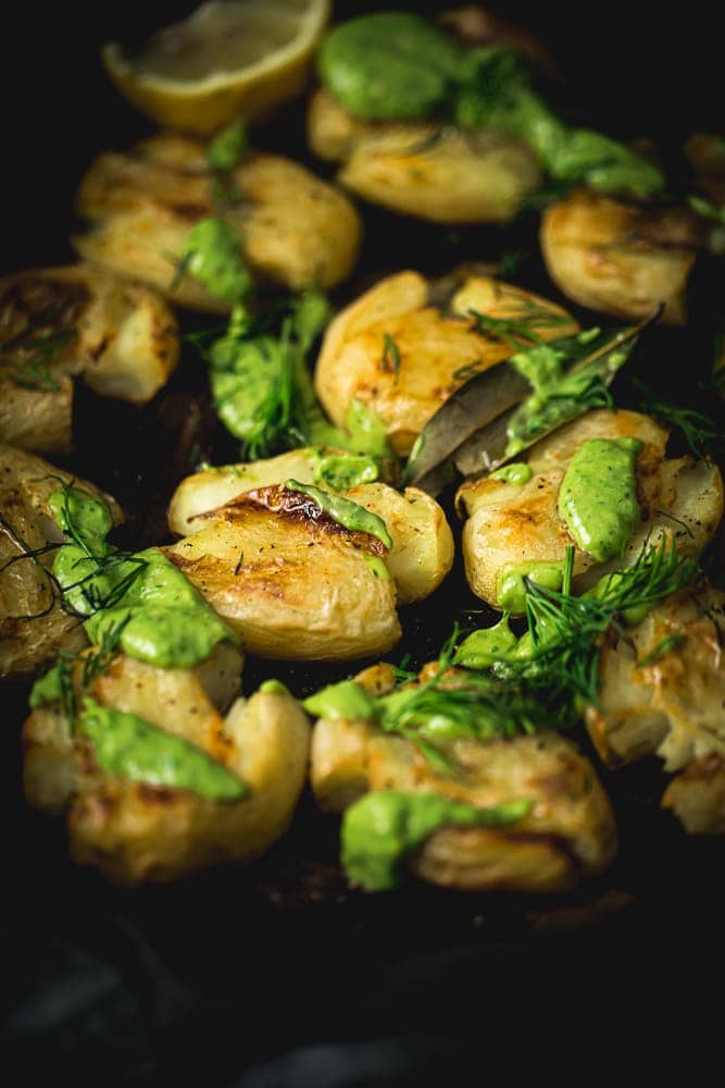 Crispy Bay Roasted Smashed Potatoes With Green Sauce - Cook Republic